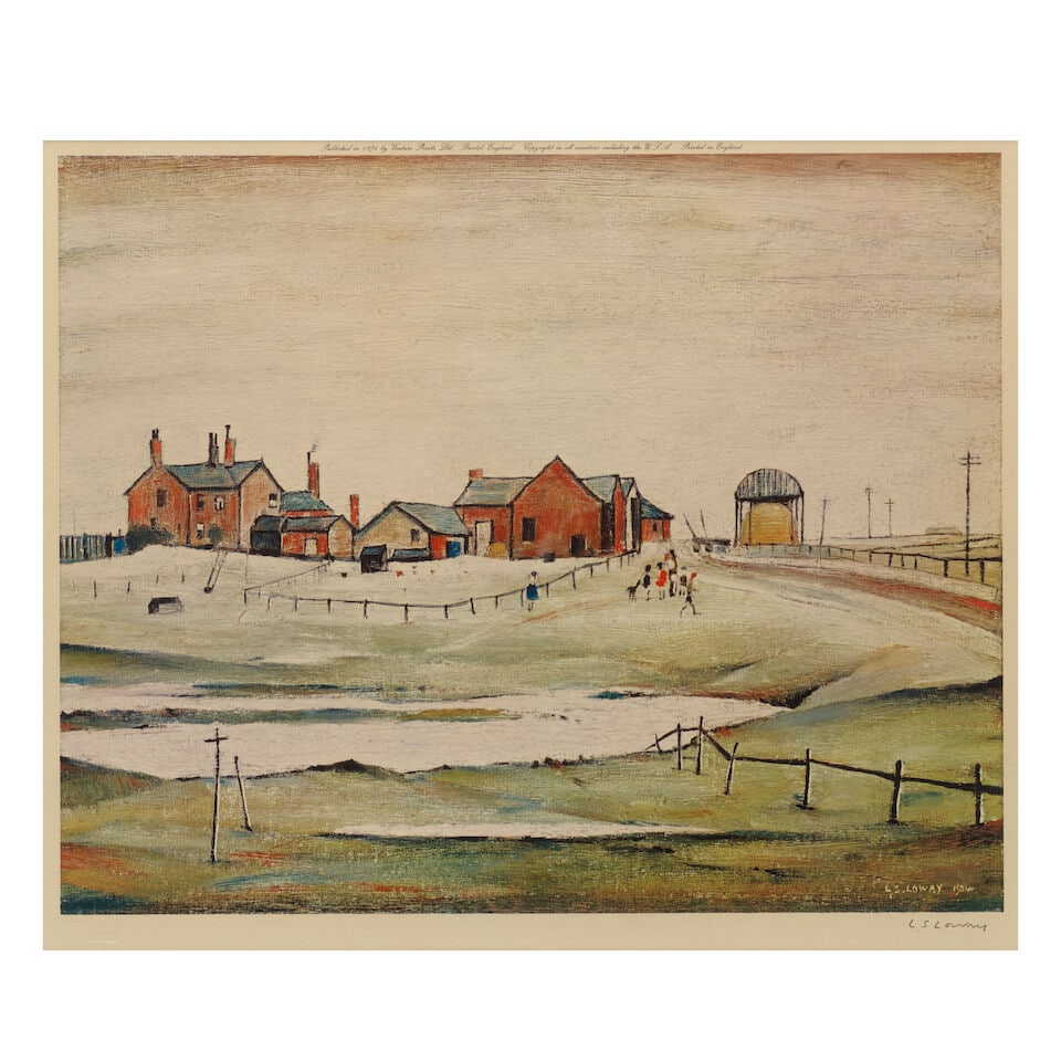 Laurence Stephen Lowry R.A. (British, 1887-1976) Landscape with Farm Buildings Offset lithograph...: Laurence Stephen Lowry R.A. (British, 1887-1976) Landscape with Farm Buildings Offset lithograph in colours, 1974, on wove paper, signed in pencil, stamp-numbered '234' in black ink, from the edition