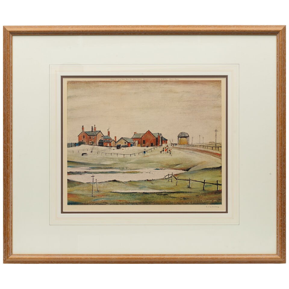 Laurence Stephen Lowry R.A. (British, 1887-1976) Landscape with Farm Buildings Offset lithograph... - 2