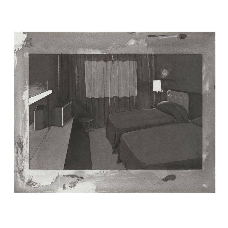 Richard Hamilton (British, 1922-2011) Motel I Soft-ground etching, with open, step-bite aquatint...: Richard Hamilton (British, 1922-2011) Motel I (Lullin 112) Soft-ground etching, with open, step-bite aquatint, burnisher and scraper, 1979, on wove paper, signed and numbered 34/40 in pencil (there