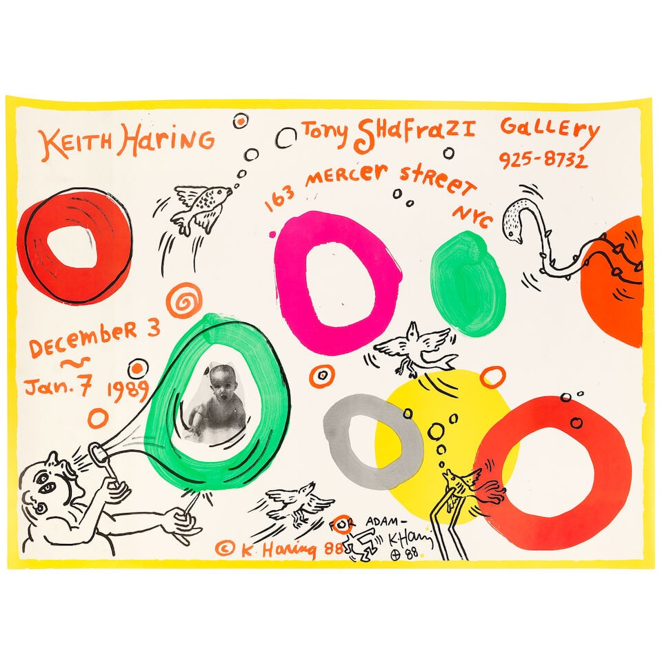 Keith Haring (American, 1958-1990) Keith Haring at Tony Shafrazi Gallery Exhibition Poster Offse...: Keith Haring (American, 1958-1990) Keith Haring at Tony Shafrazi Gallery Exhibition Poster Offset lithograph in colours, 1988, on wove paper, signed, dated, doodled and dedicated 'For Adam' in black