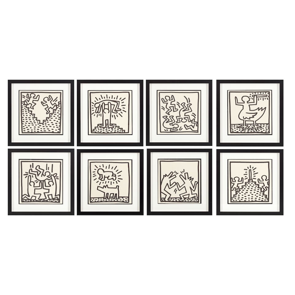 Keith Haring (American, 1958-1990) Eight Coloring Book Plates, from Keith Haring Eight double-si...: Keith Haring (American, 1958-1990) Eight Coloring Book Plates, from Keith Haring Eight double-sided lithographs, 1982, on wove paper, from the unnumbered edition of 2,000, printed by Fleetwood