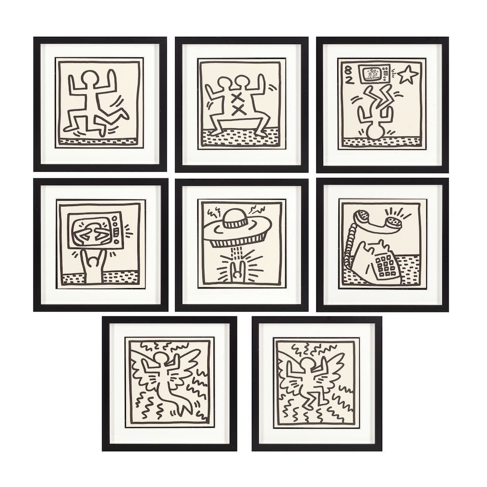 Keith Haring (American, 1958-1990) Eight Coloring Book Plates, from Keith Haring Eight double-si...: Keith Haring (American, 1958-1990) Eight Coloring Book Plates, from Keith Haring Eight double-sided lithographs, 1982, on wove paper, from the unnumbered edition of 2,000, printed by Fleetwood