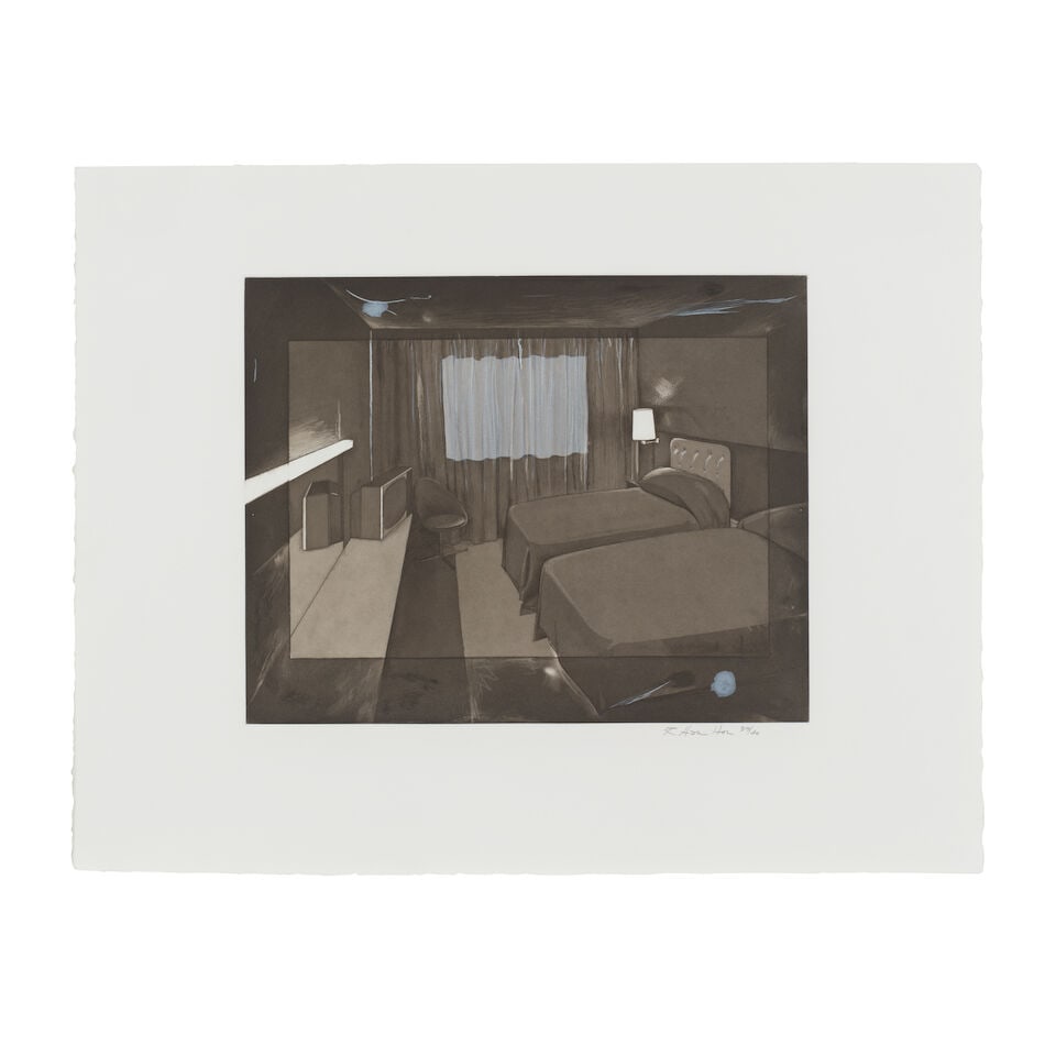 Richard Hamilton (British, 1922-2011) Motel II Soft-ground etching, with open, step-bite aquatin...: Richard Hamilton (British, 1922-2011) Motel II (Lullin 113) Soft-ground etching, with open, step-bite aquatint, burnisher and scraper, 1979, on wove paper, signed and numbered 39/40 in pencil (there