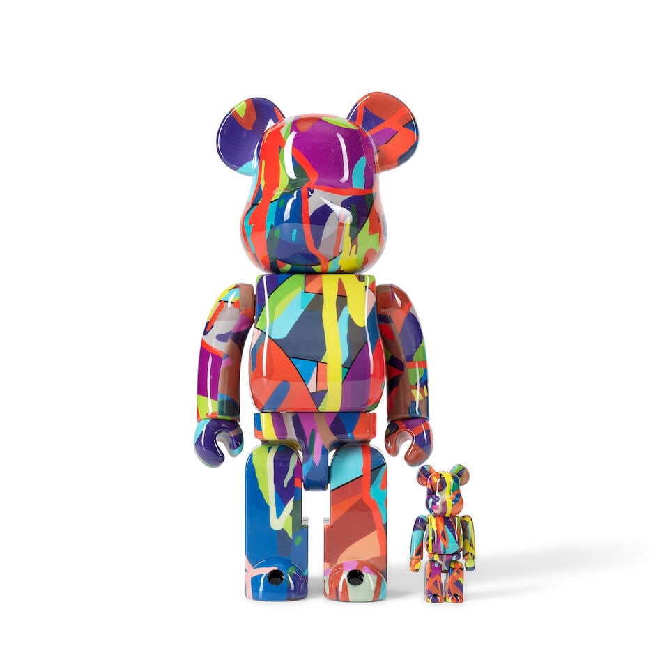 KAWS X Be@rbrick (American, born 1974) Tension 100% & 400% (Two Works) Painted vinyl cast multip...: KAWS X Be@rbrick (American, born 1974) Tension 100% & 400% (Two Works) Painted vinyl cast multiples, 2021, with the artist's name, and fabricator printed on the underside, from the edition of an