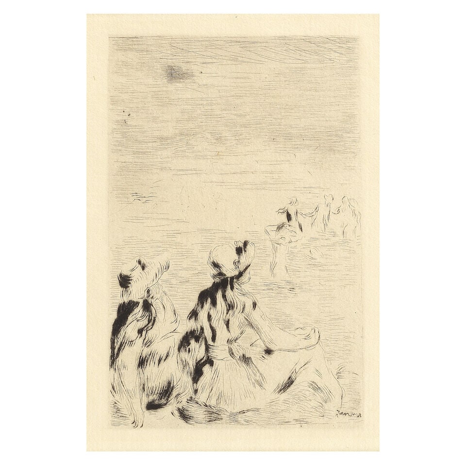 Pierre-Auguste Renoir (French, 1841-1919) Sur la plage, à Berneval Etching, circa 1892, on ...: Pierre-Auguste Renoir (French, 1841-1919) Sur la plage, à Berneval (Delteil, Stella 5) Etching, circa 1892, on laid paper, the second state of three, with margins, framed Plate 135 x 94mm (5 1/4 