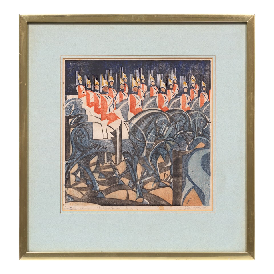 William Greengrass (British, 1892-1970) The King's Horses Linocut in colours, 1931, on tissue-th... - 2