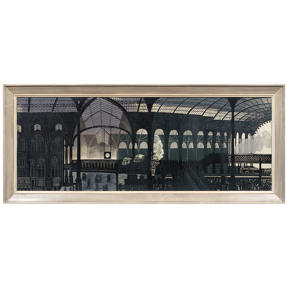 Edward Bawden R.A. (British, 1903-1989) Liverpool Street Station Linocut in colours, 1960, on w... - 2