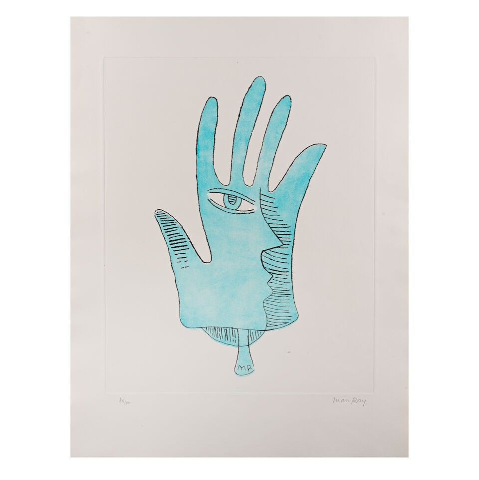 Man Ray (American, 1890-1976) La Maine Bleue Etching and aquatint in colours, 1971, on Arches wo...: Man Ray (American, 1890-1976) La Maine Bleue (not in Anselmino) Etching and aquatint in colours, 1971, on Arches wove paper, signed and numbered 34/100 in pencil, the full sheet, unframed Plate 493 x 