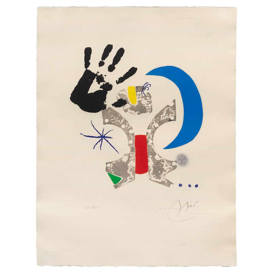 Joan Miró (Spanish, 1893-1983) Bonjour Max Ernst Etching and aquatint in colours with embos...: Joan Miró (Spanish, 1893-1983) Bonjour Max Ernst (Dupin 936; Cramer books 215) Etching and aquatint in colours with embossing, 1976, on Arches wove paper, signed and numbered 88/100 in pencil (th