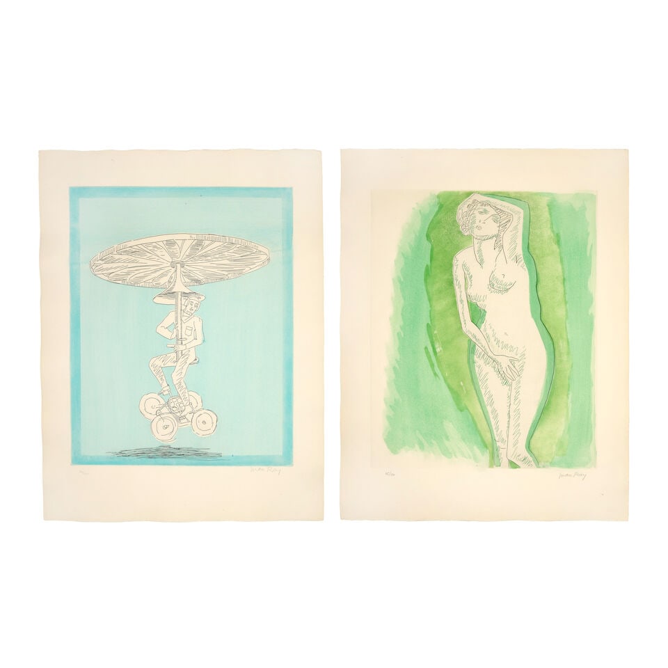 Man Ray (American, 1890-1976) Monocopter; Kiki Two etchings and aquatint in colours, 1971, on Ar...: Man Ray (American, 1890-1976) Monocopter; Kiki (Anselmino 7, 19) Two etchings and aquatint in colours, 1971, on Arches wove paper, signed and numbered 59/100 and 79/100 in pencil, respectively, the fu