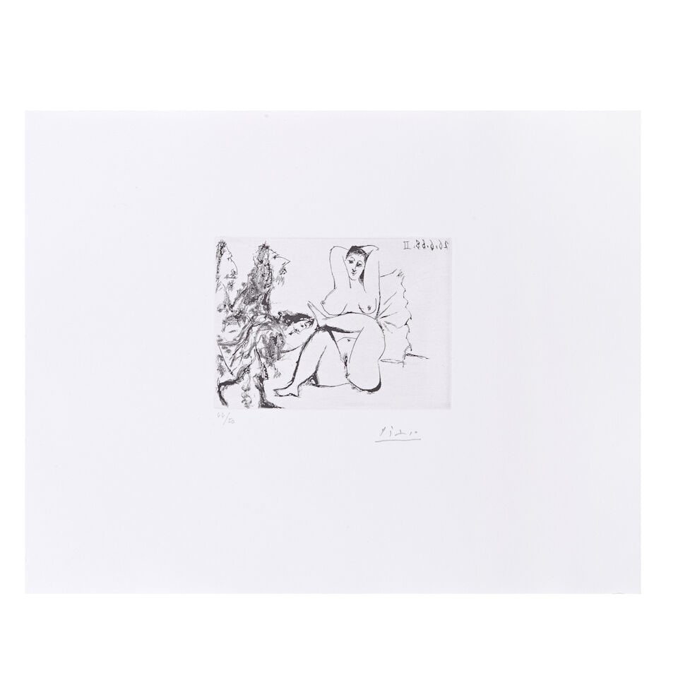 Pablo Picasso (Spanish, 1881-1973) Trois Mousquetaires salutant une femme au lit, from La Cé...: Pablo Picasso (Spanish, 1881-1973) Trois Mousquetaires salutant une femme au lit, from La Célestine (Bloch 1669; Baer 1685.B.b.1) Sugarlift aquatint, 1968, on wove paper, signed and numbered 44/5