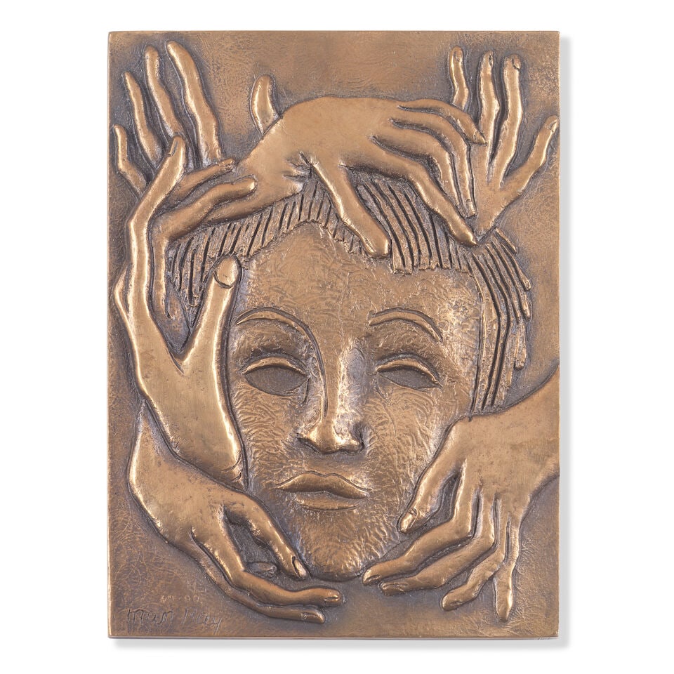 Man Ray (American, 1890-1976) Mask signed and numbered 49/90 by incision (there was also an edit...: Man Ray (American, 1890-1976) Mask signed and numbered 49/90 by incision (there was also an edition of ten in silver) bronze multiple Conceived and cast in 1971 by Monnaie de Paris. Overall 179 x 132 