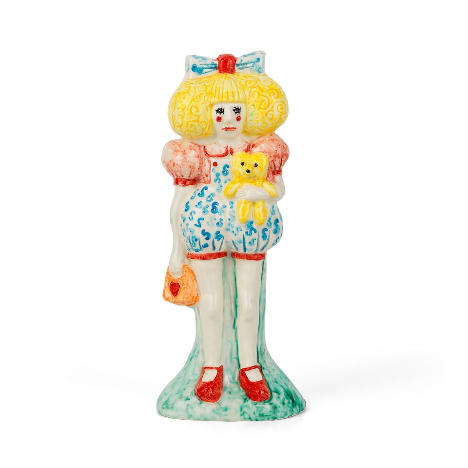 Sir Grayson Perry C.B.E., R.A. (British, born 1960) Claire (Unique) incised with the artist's mo...: Sir Grayson Perry C.B.E., R.A. (British, born 1960) Claire (Unique) incised with the artist's monogram white earthenware ceramic figure with unique hand-colouring and glazing Conceived and executed in