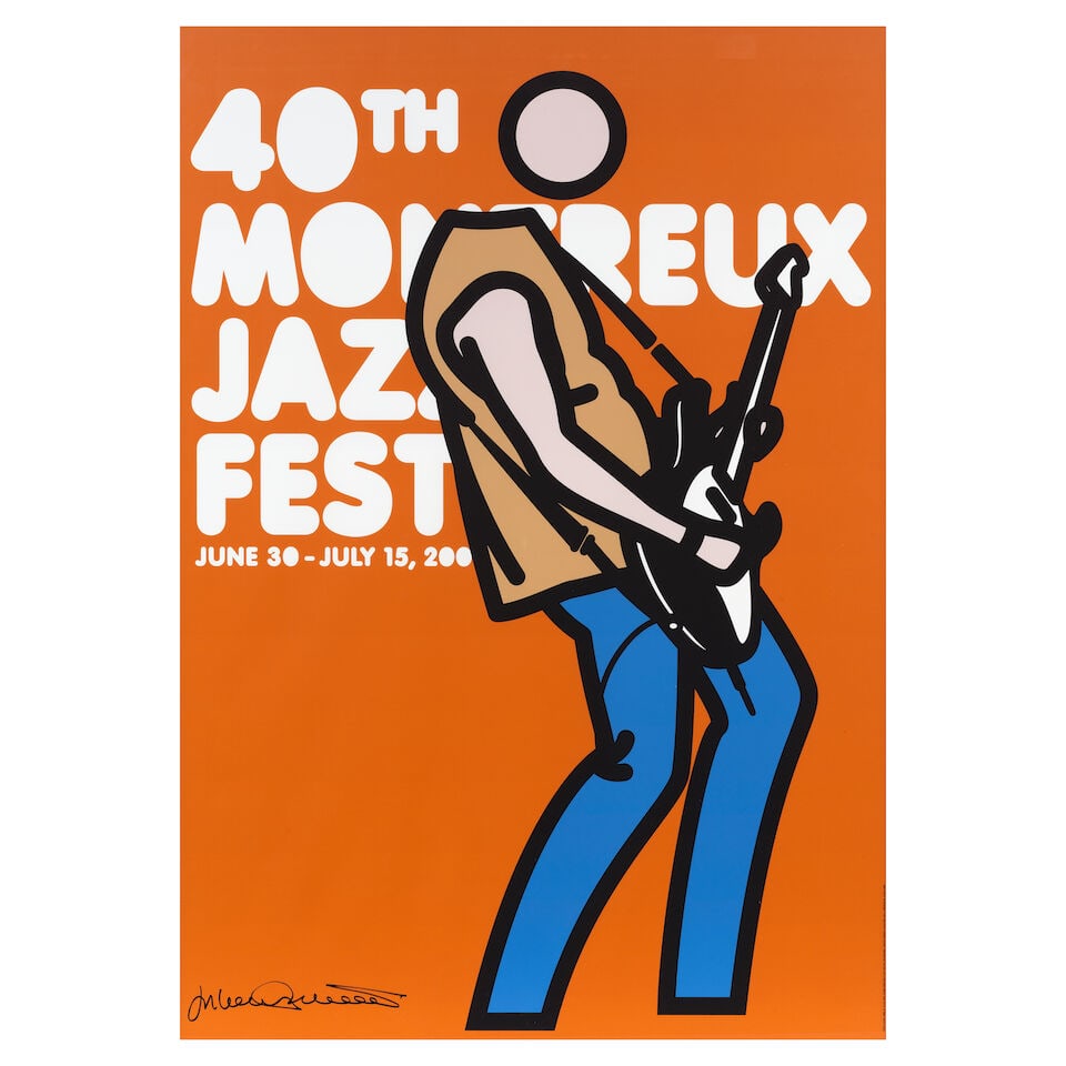 Julian Opie (British, born 1958) Montreux Jazz Festival (Mustard) Screenprint in colours, 2006, ...: Julian Opie (British, born 1958) Montreux Jazz Festival (Mustard) Screenprint in colours, 2006, on smooth wove paper, signed in black felt tip pen, printed by Albin Uldry, Bern, published by Montreux 