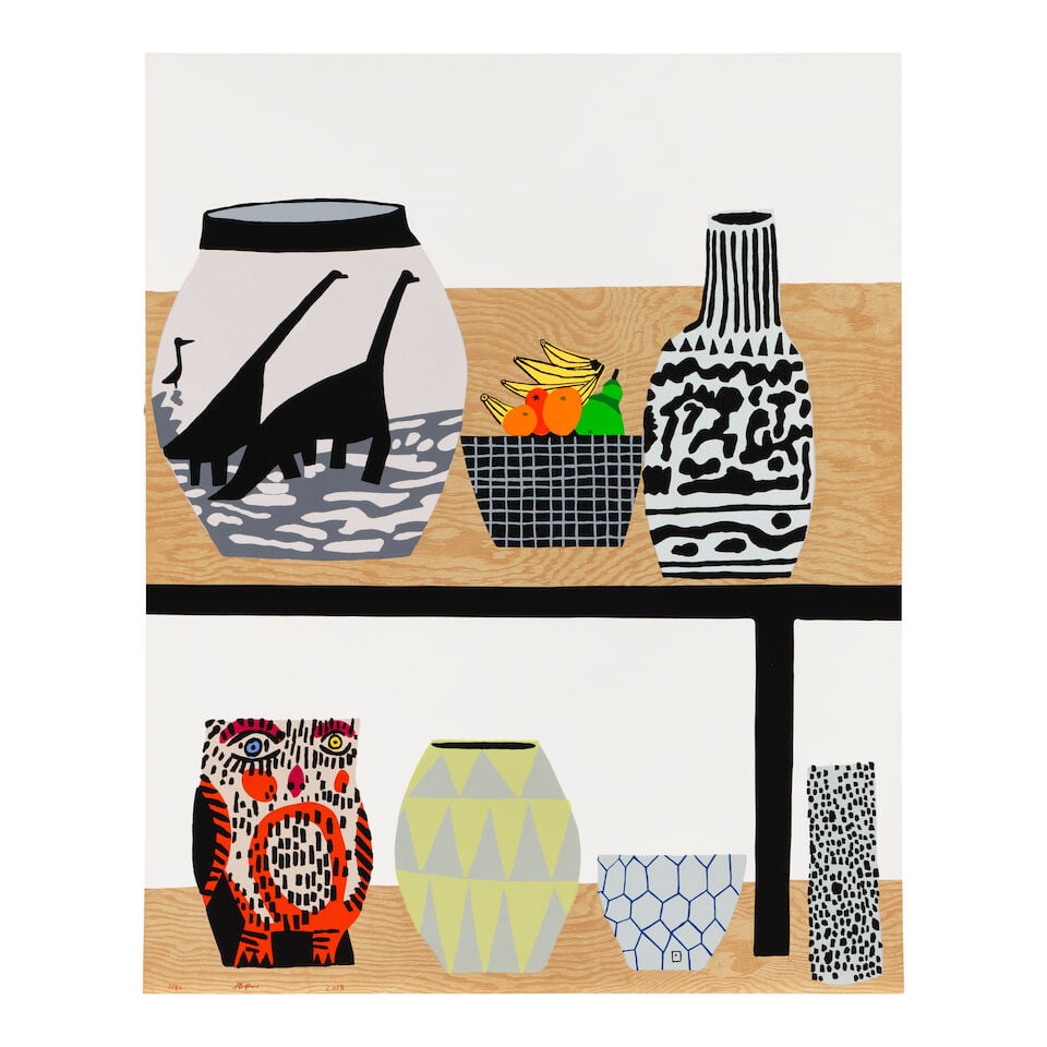 Jonas Wood (American, born 1977) Shelf Still Life Lithograph and screenprint in colours, 2018, o...: Jonas Wood (American, born 1977) Shelf Still Life Lithograph and screenprint in colours, 2018, on Coventry rag vellum paper, signed, dated and numbered 3/80 in brown crayon (there were also 20 artist'