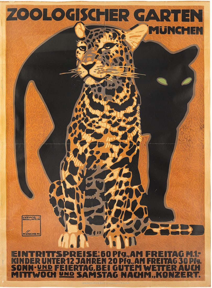 LUDWIG HOHLWEIN (1874-1949) ZOOLOGISCHER GARTEN MÜNCHEN: LUDWIG HOHLWEIN (1874-1949) ZOOLOGISCHER GARTEN MÜNCHEN lithographic poster in colours, 1912, printed by G. Schuh & Cie., München, cond. A-, not backed, framed 49½ x 35½ins. (126