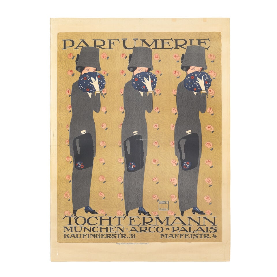 LUDWIG HOHLWEIN (1874-1949) PARFUMERIE TOCHTERMANN: LUDWIG HOHLWEIN (1874-1949) PARFUMERIE TOCHTERMANN lithographic poster in colours, 1910, printed by Vereinigte Druckerein und Kunstanstalten, München, cond.B+, not backed, framed 49 x 36ins.