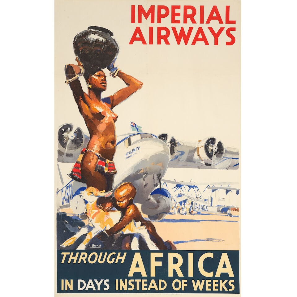 ALBERT BRENET (1905-2005) IMPERIAL AIRWAYS. Through AFRICA: ALBERT BRENET (1905-2005) IMPERIAL AIRWAYS. Through AFRICA lithographic poster in colours, 1935, printed by The Haycock Press, London, cond.B+, backed on japan 40 x 24½ ins. (101 x 62cm.) For