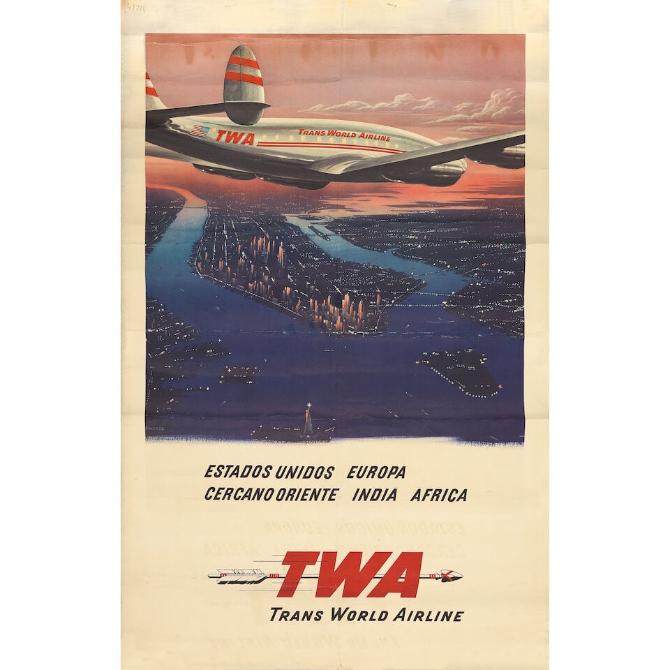 FRANK SOLTESZ (1912-1998) TWA, Trans World Airlines: FRANK SOLTESZ (1912-1998) TWA, Trans World Airlines offset lithographic poster in colours, c. 1950, cond B-, not backed. and: Verso: Grand Canyon, TWA. Two posters on one sheet of paper. 40 x 25ins. (