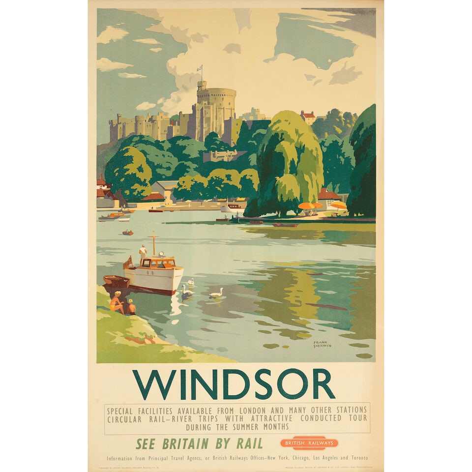 FRANK SHERWIN (1896-1985) WINDSOR. SEE BRITAIN BY RAIL. British Railways: FRANK SHERWIN (1896-1985) WINDSOR. SEE BRITAIN BY RAIL. British Railways lithographic poster in colours, printed by Jordison & Co., London, cond. A-, backed on linen 39½ x 24½in. (100 x