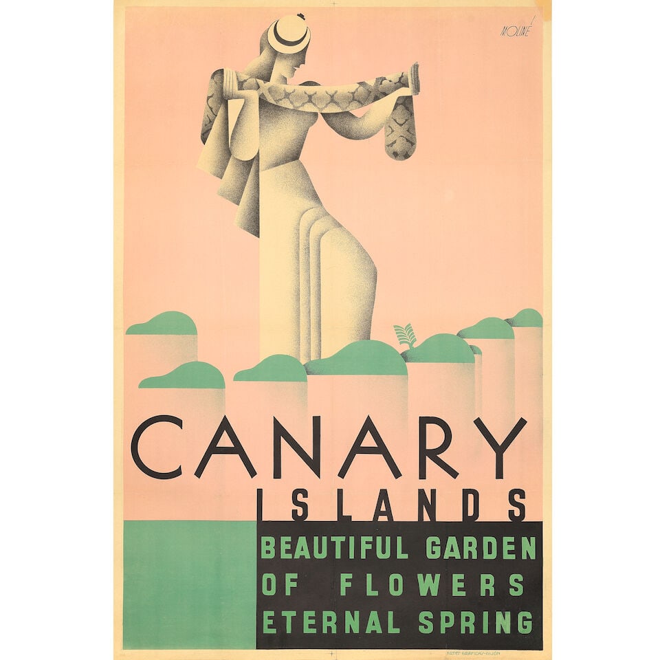 ANTONIO MOLINÉ (1907-1937) CANARY ISLANDS: ANTONIO MOLINÉ (1907-1937) CANARY ISLANDS lithographic poster in colours, printed by Artes Graficas, Gijon, cond. B, backed on linen. 41 x 27ins. (104 x 69cm.) For further information on this lot