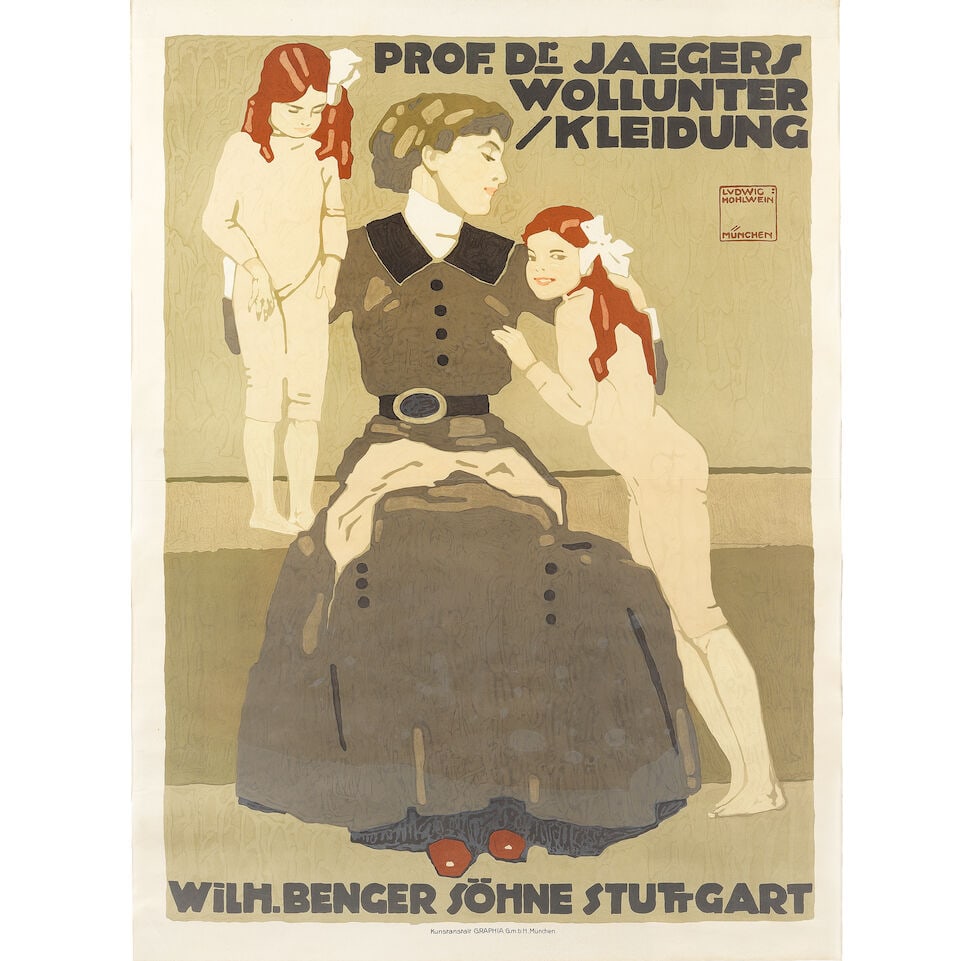 LUDWIG HOHLWEIN (1874-1949) PROF. Dr. JAEERS WOLLUNTER/KLEIDUNG: LUDWIG HOHLWEIN (1874-1949) PROF. Dr. JAEERS WOLLUNTER/KLEIDUNG lithographic poster in colours, printed by kunstantalt Graphia, Munchen, cond. A-, not backed, framed 37½ x 27ins. (95 x