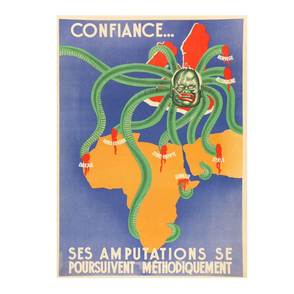 S.P.K. CONFIANCE. SES AMPUTATIONS SE POURSUIVENT MÉTHODIQUEMENT: S.P.K. CONFIANCE. SES AMPUTATIONS SE POURSUIVENT MÉTHODIQUEMENT lithographic poster in colours, c.1940, cond B, backed on linen 30 x 22ins. (76 x 56cm.) For further information on this lot