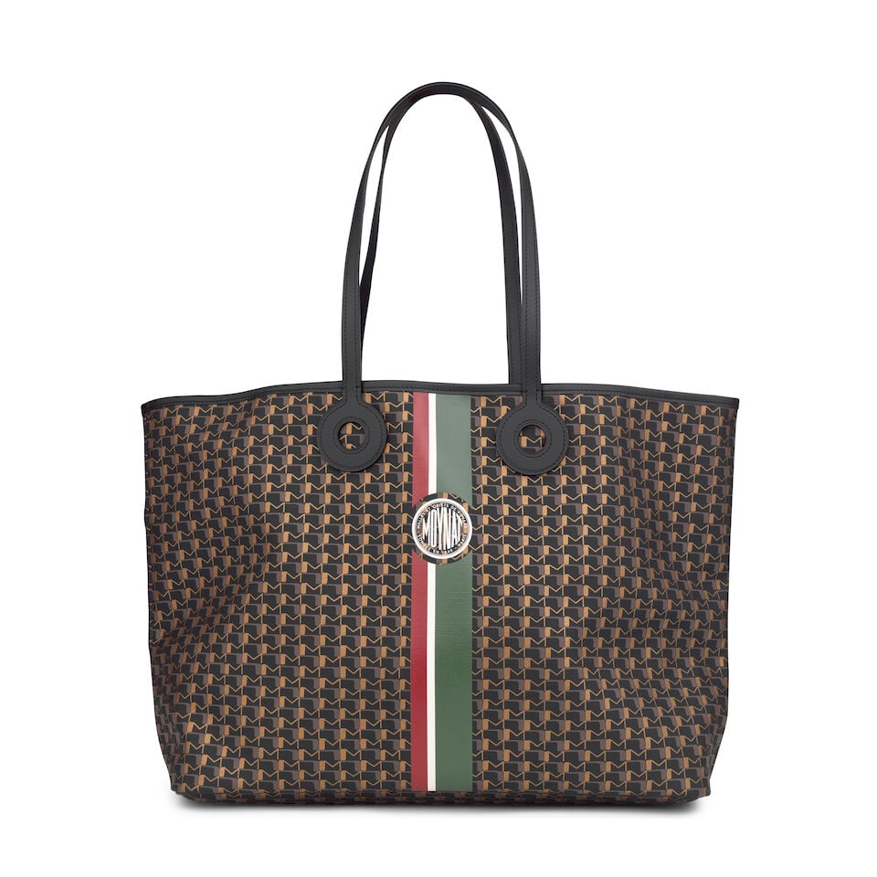 Moynat: an Oh! Ruban Cabas Horizontal GM (includes dust bag, original tag and booklet): Moynat: an Oh! Ruban Cabas Horizontal GM Black, gold and beige monogram canvas, with Bordeaux and green central strip, black leather trim and handles Condition Grade A 50cm wide, 30cm high, 15.5cm