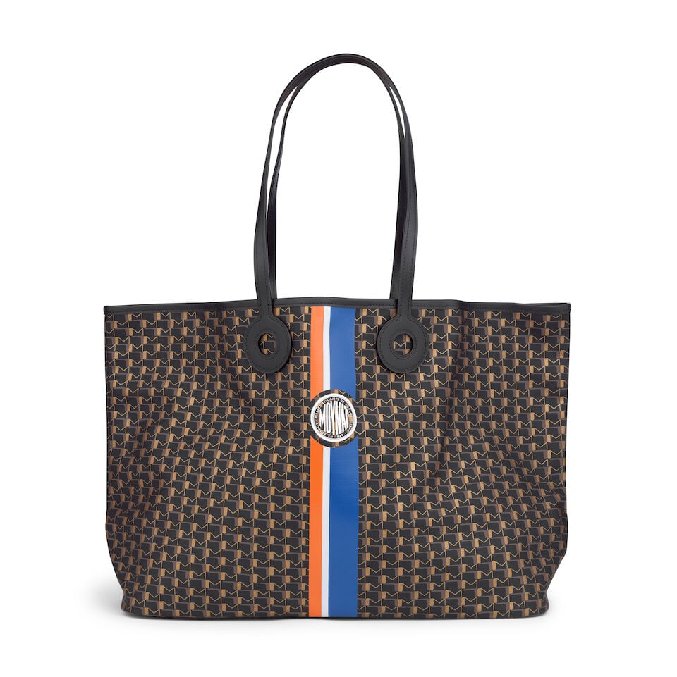 Moynat: an Oh! Ruban Cabas Horizontal GM (includes dust bag, original tag and booklet): Moynat: an Oh! Ruban Cabas Horizontal GM Black, gold and beige monogram canvas, with blue and orange central strip, black leather trim and handles Condition Grade A 50cm wide, 30cm high, 15.5cm