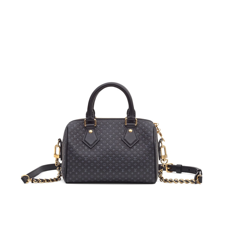 Louis Vuitton: a Black Nanogram Speedy Bandouliere 20 (includes microchip, padlock, keys and dus...: Louis Vuitton: a Black Nanogram Speedy Bandouliere 20 Embossed leather with gold tone hardware Condition Grade A- 20cm wide, 14cm high, 11.5cm deep, 7cm handle drop, 48cm shoulder drop, includes