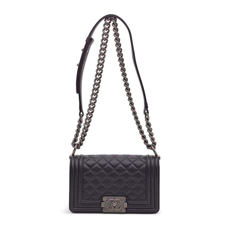 Chanel: a Black Quilted Calfskin Small Boy Bag (includes microchip, dust bag and box): Chanel: a Black Quilted Calfskin Small Boy Bag Oxidised silver tone hardware Condition Grade A 20cm wide, 12cm high, 8cm deep, 30cm/55cm shoulder drop, includes microchip, dust bag and box For further