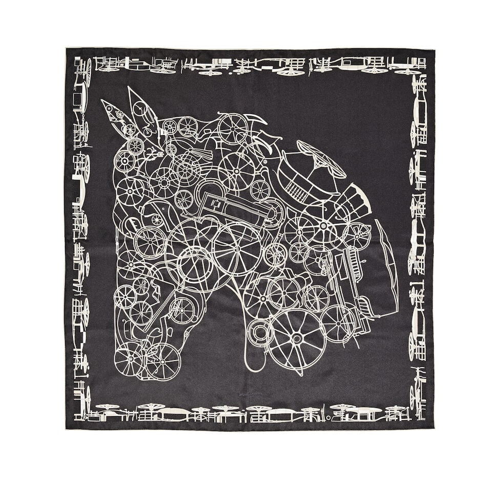 Hermès: a Complication Equestre Embroidered Silk Scarf 90 2025 (includes presentation box): Hermès: a Complication Equestre Embroidered Silk Scarf 90 2025 Designed by Octave Marsal Hand-embroidered glass beads on printed design depicting an equestrian motif Condition Grade A+ 90cm x