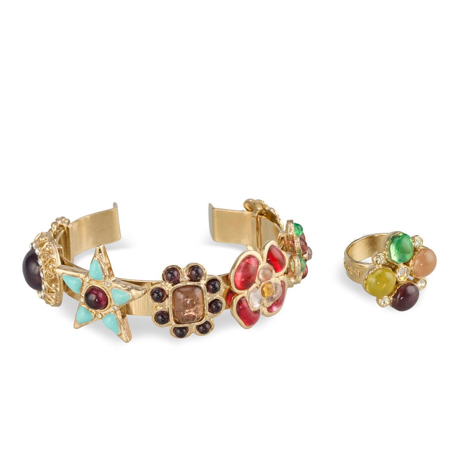 Chanel: a Multicolour 'Gripoix' Resin Bangle and Ring Suite Spring 2008 (includes dust bags and ...: Chanel: a Multicolour 'Gripoix' Resin Bangle and Ring Suite Spring 2008 Creative Director: Karl Lagerfeld Including a champagne gold tone bangle with flower motifs in multicolour resin 'gripoix' beads