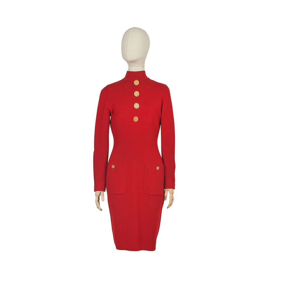 Chanel: a Red Wool Bodycon Dress Collection 29, Autumn/Winter 1992: Chanel: a Red Wool Bodycon Dress Collection 29, Autumn/Winter 1992 Creative Director: Karl Lagerfeld High neck with long sleeves, detailed with four oversized gilt chain-motif buttons, and finished wi