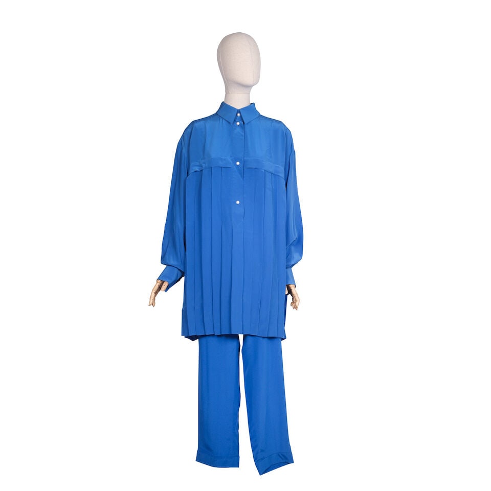 Chanel: a Cornflower Blue Pleated Silk Shirt Dress and Trousers Spring 2013, Runway Look 49 (1 of 2)