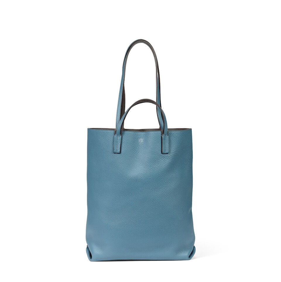Moynat: a Blue and Grey Taurillon Leather Quattro Reversible Tote Bag: Moynat: a Blue and Grey Taurillon Leather Quattro Reversible Tote Bag Blue leather to one side, charcoal grey to the other Condition Grade A 38cm wide, 38cm deep, 10cm deep, 10cm handle drop, 26cm