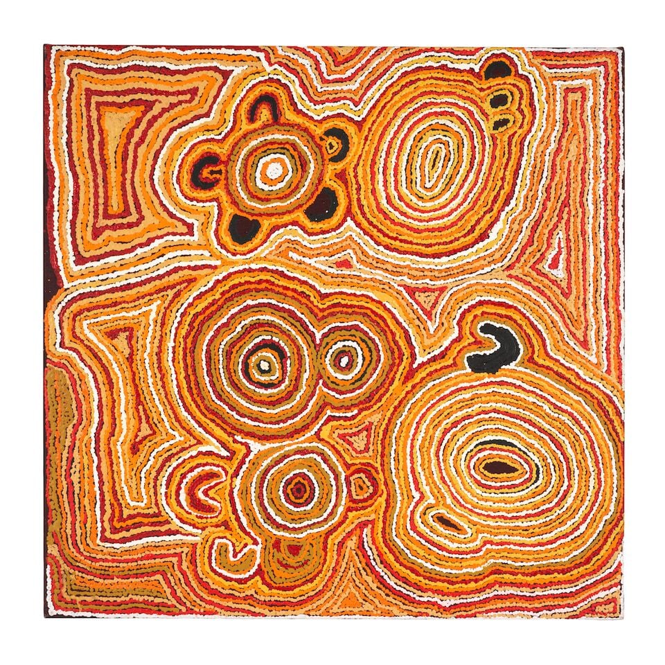 Esther Giles (born circa 1940) Mountain Devil Story, 2008: Esther Giles (born circa 1940) Mountain Devil Story, 2008 inscribed verso with artist's name, size and Warakurna Artists cat. 211-08 synthetic polymer paint on linen 76.0 x 76.0cm (29 15/16 x 29 15/16