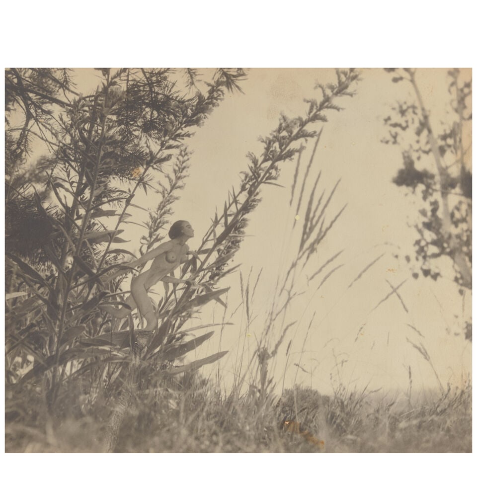 František Drtikol (1883-1961); Montage with Nude Figure in a Meadow;: František Drtikol (1883-1961) Montage with Nude Figure in a Meadow, c. 1930 Gelatin silver print; flush-mounted, framed. 8 5/8 x 10 5/8 in. (21.9 x 27 cm.) Footnotes: Provenance Private Collecti