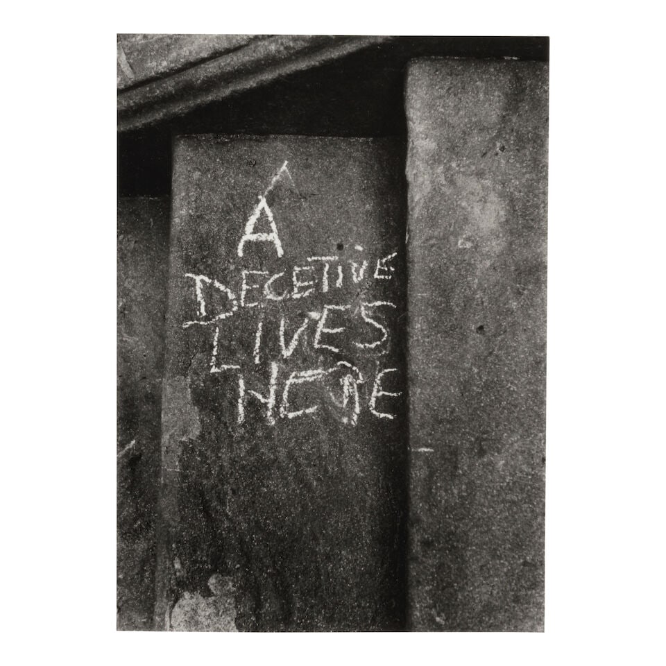 Helen Levitt (1913-2009); Untitled (A Detective Lives Here);: Helen Levitt (1913-2009) Untitled (A Detective Lives Here), c. 1940 Gelatin silver print, printed later; signed, dated, and annotated 'n.y.' in pencil on the reverse, framed, a Fraenkel Gallery label