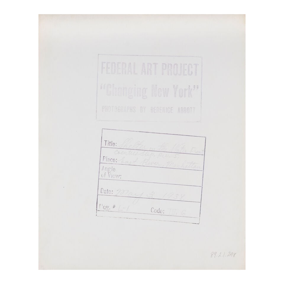 Berenice Abbott (1898-1991); 'Shelter on the Water Front, Coenties Slip, Pier 5, East River, Man... - 2