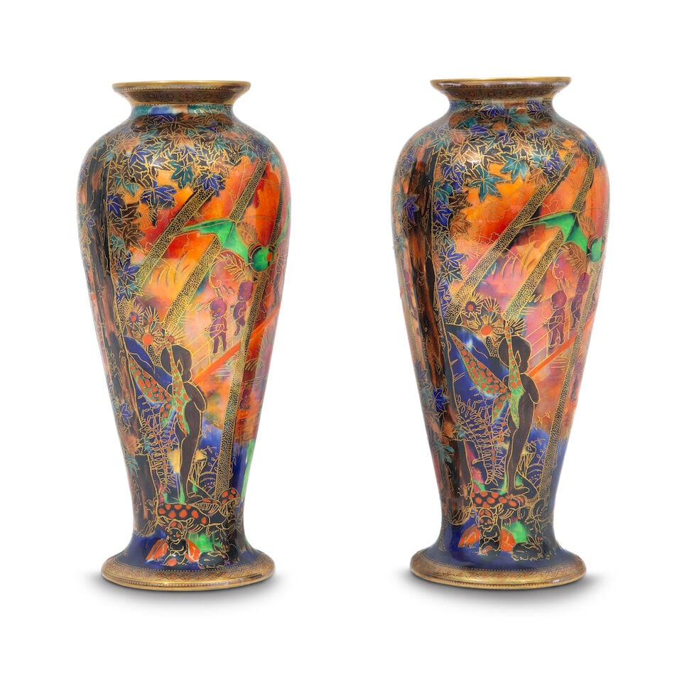 A pair of Wedgwood fairyland lustre vases of 'Imps on a Bridge' pattern designed by Daisey Makei... (1 of 2)