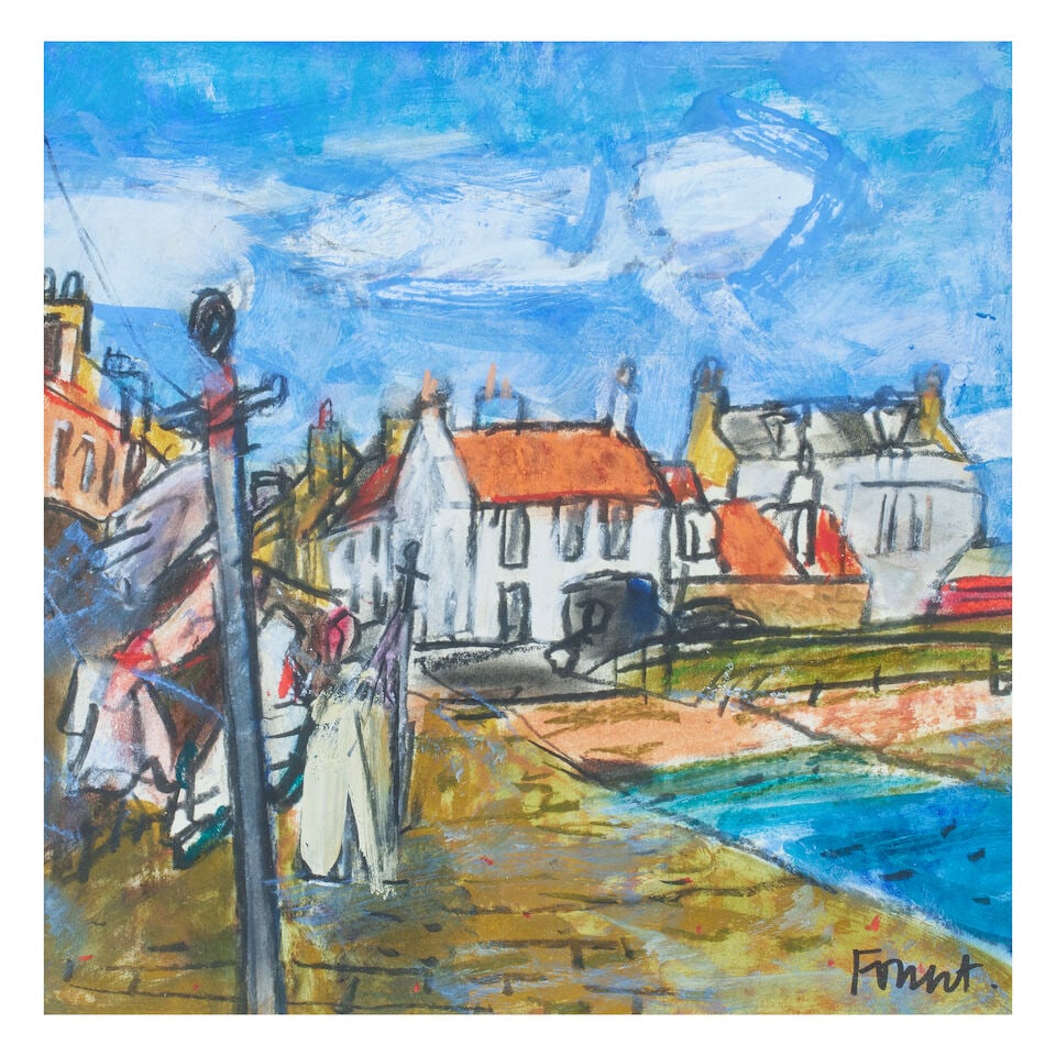 Archie Forrest RGI (British, born 1950) 'Washing and Wind, Cellardyke': Archie Forrest RGI (British, born 1950) 'Washing and Wind, Cellardyke' signed 'Forrest' (lower right) mixed media 30 x 30cm (11 13/16 x 11 13/16in). Footnotes: Provenance The Scottish Gallery,