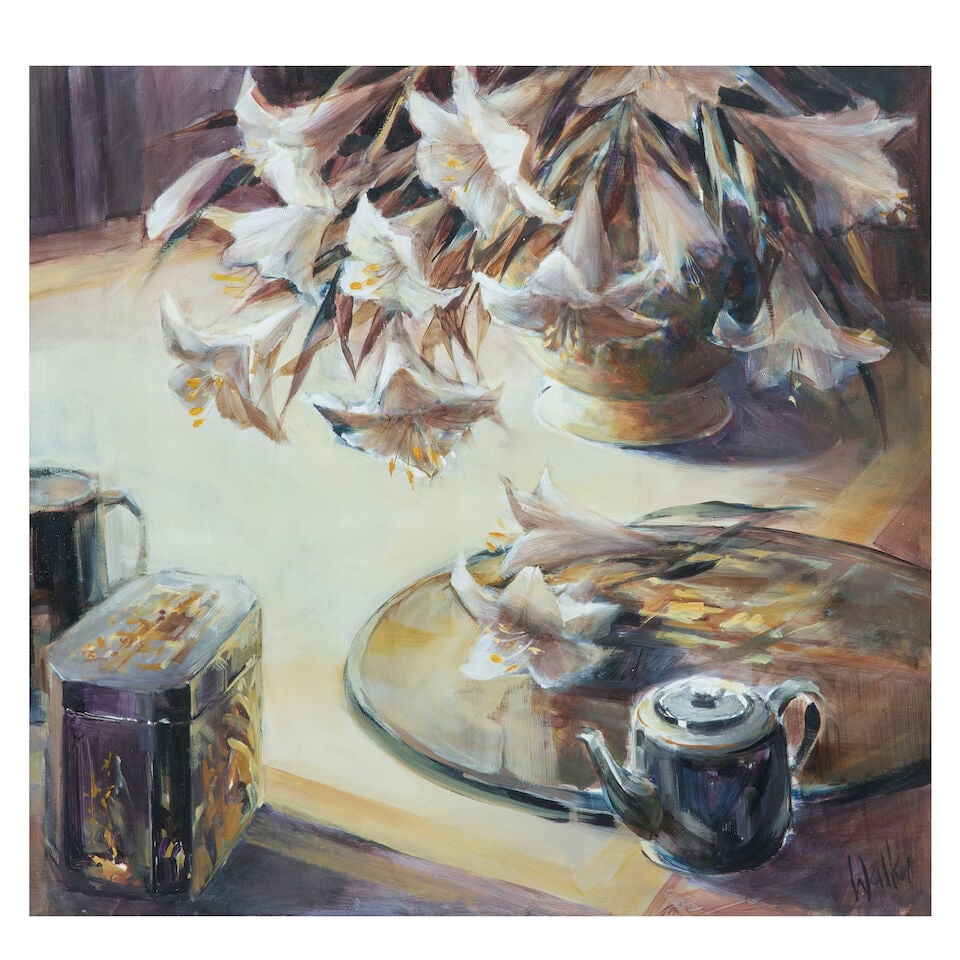 Ethel Walker (British, born 1941) Lilies in shadow: Ethel Walker (British, born 1941) Lilies in shadow signed 'WALKER' (lower right) oil on board 61 x 64cm (24 x 25 3/16in). Footnotes: Provenance St Andrews Fine Art, St Andrews. Private collection (acq