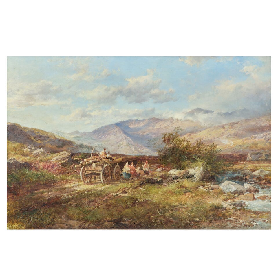 John Syer RI (British, 1815-1885) Travellers and lumber cart in a landscape believed to be the f...: John Syer RI (British, 1815-1885) Travellers and lumber cart in a landscape believed to be the foot of Mount Snowdon signed and partially dated 'JSyer 18' (lower left) oil on canvas laid to board 70 x