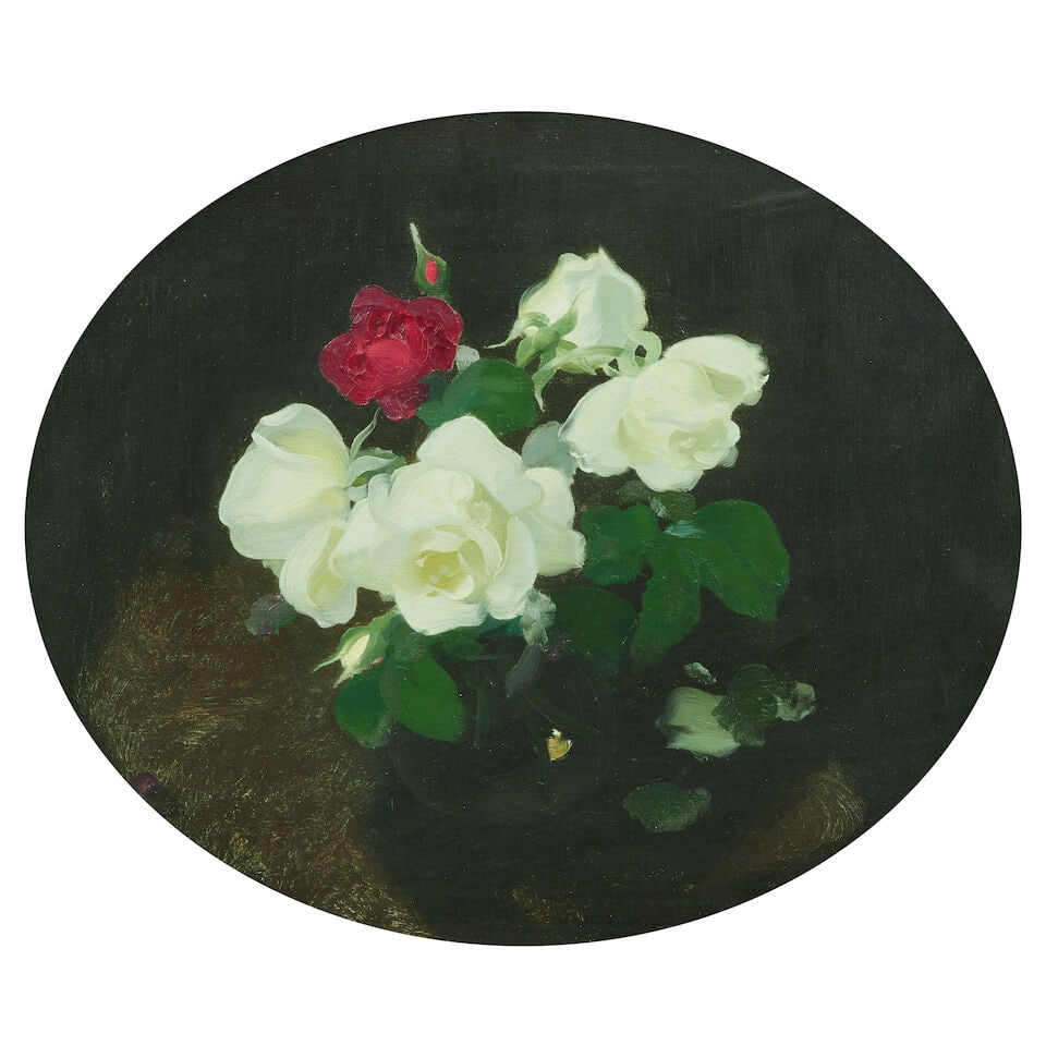 James Stuart Park (British, 1862-1933) Red and white roses: James Stuart Park (British, 1862-1933) Red and white roses signed 'Stuart Park' (lower right) oil on canvas, oval 49.5 x 59.5cm (19 1/2 x 23 7/16in). Footnotes: Provenance Sale, Bonhams, Edinburgh, 26