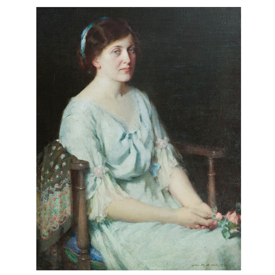 John MacDonald Aiken (British, 1880-1961) Portrait of a lady, in a white dress, seated (1 of 3)