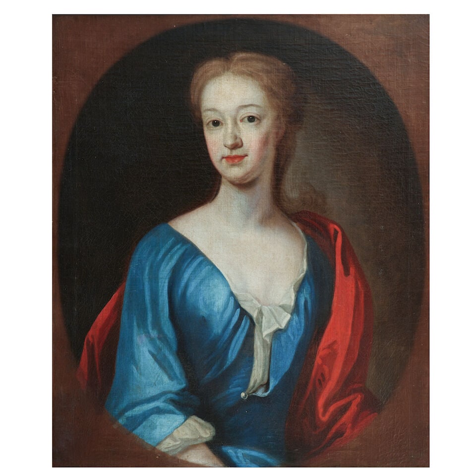 Follower of William Aikman (British, 1682-1731) Half length portrait of a lady in a blue dress w...: Follower of William Aikman (British, 1682-1731) Half length portrait of a lady in a blue dress with red shawl oil on canvas, feigned oval 76 x 63cm (29 15/16 x 24 13/16in). Footnotes: Provenance Sale,