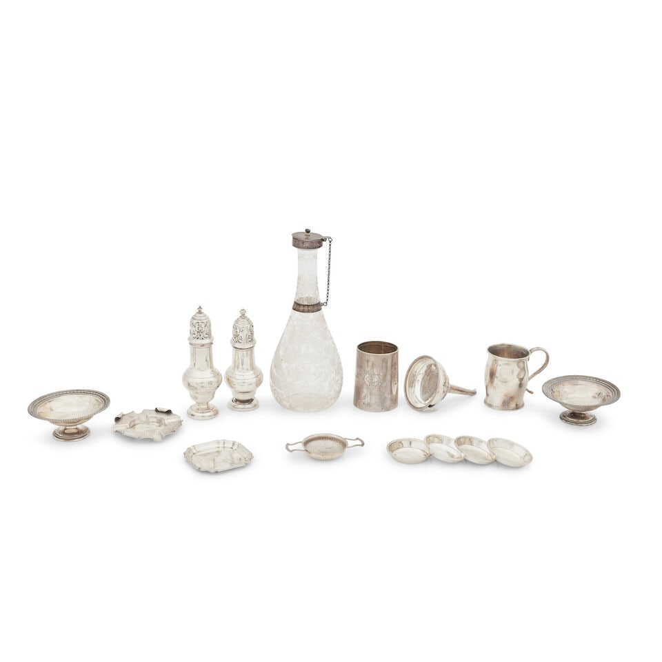 A collection of table silver various makers and dates (15): A collection of table silver various makers and dates Comprising a Victorian silver-mounted claret jug, maker's mark MW & Co, Sheffield, 1879, of slender tapering form, engraved with ferns and foliag