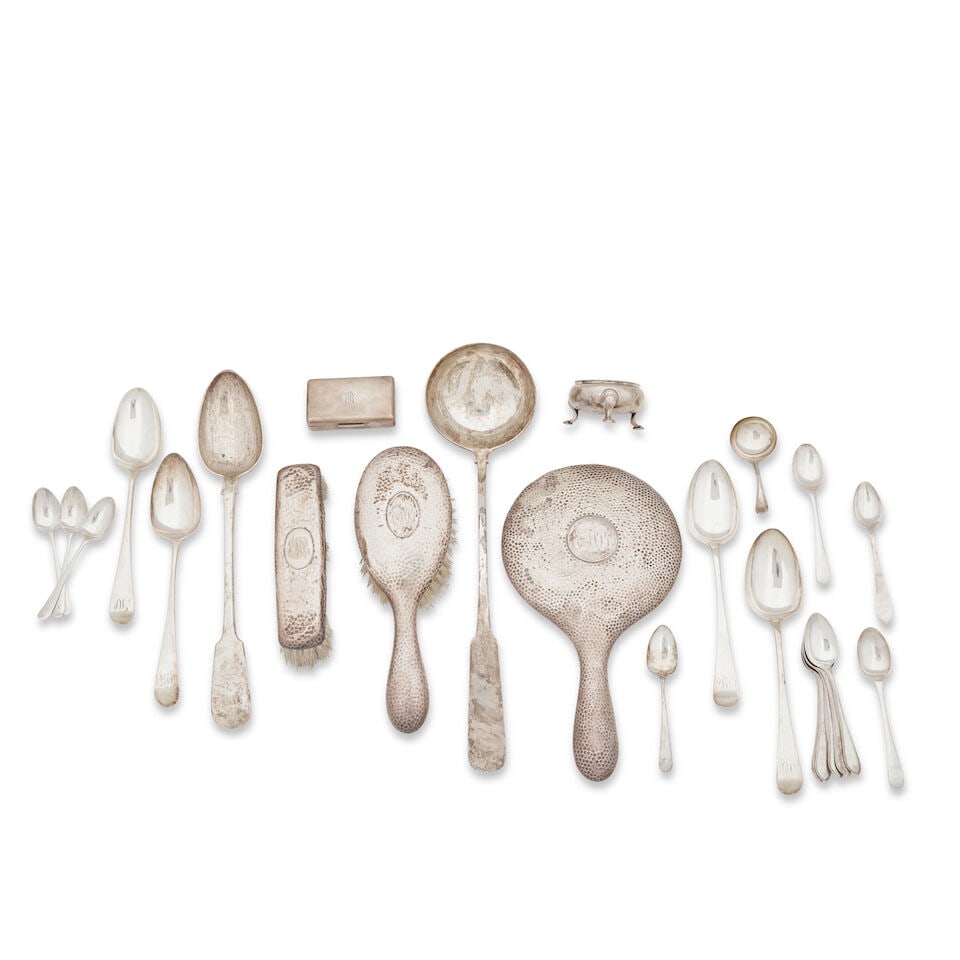 A collection of silver flatware and other items various makers and dates: A collection of silver flatware and other items various makers and dates Comprising an oar pattern soup ladle by John Heron of Greenock, with Edinburgh marks for 1810, a fiddle pattern gravy spoon by