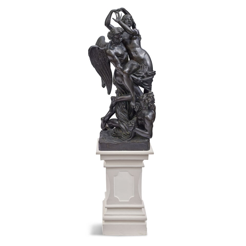 After Gaspard Marsy and Anselme Flamen; after François Girardon, the rape of Orithyia by Bo...: After Gaspard Marsy and Anselme Flamen; after François Girardon, the rape of Orithyia by Boreas Bronze, raised on a square naturalist base, with painted fireclay plinth, 43cm wide, 45cm deep,